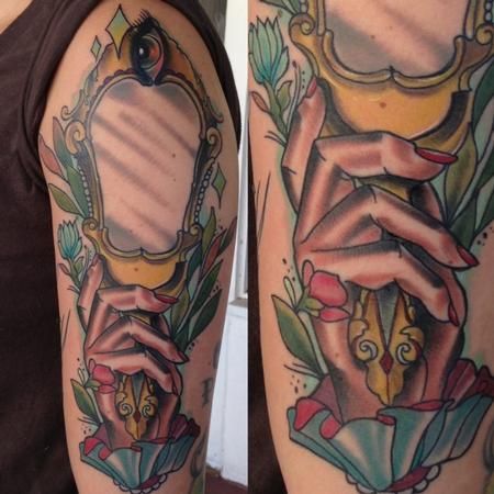 Gary Dunn - traditional color mirror with hand tattoo, Gary Dunn Art Junkies Tattoo